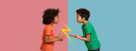 Two Children Face Each Other in a Vivid Collage, Expressing Intense Emotionsの写真素材