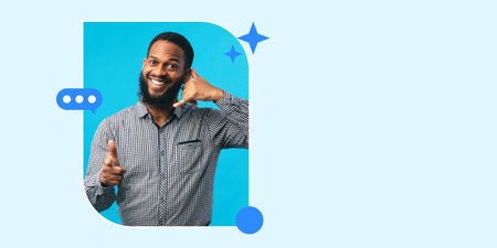 Smiling Man Making a Phone Gesture While Wearing a Checkered Shirt in a Blue Background
