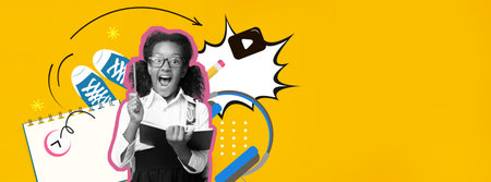 Exciting Collage of a Joyful Child With Books and School Supplies on a Vibrant Yellow Background