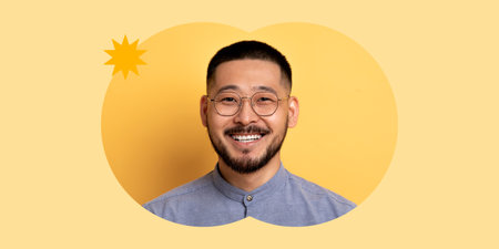 Smiling Man Poses Cheerfully Against Bright Yellow Background in a Vibrant Collage