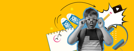 Creative Collage Showcasing a Surprised Child With School Items and Bright Backgroundの写真素材
