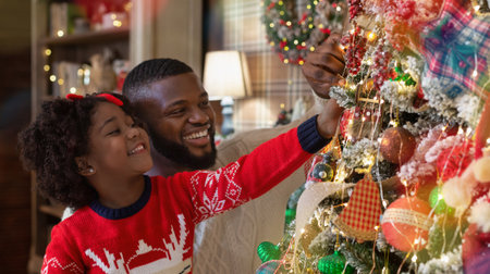 Little African American girl helping daddy to decorate family Christmas treeの写真素材