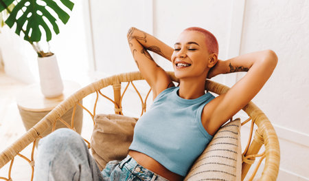 Young Woman Relaxing in a Stylish Chair With a Joyful Smile in a Bright Indoor Spaceの写真素材