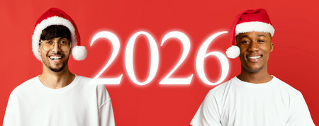 Two People Celebrate the Coming New Year in Festive Santa Hats and Cheerful Expressionsの写真素材