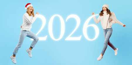 Happy Celebration of the New Year With Jumping Friends in Festive Outfitsの写真素材