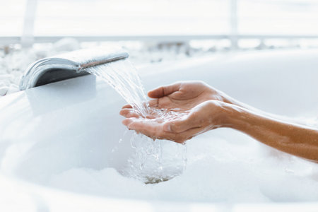 Relaxing Hands Under Gentle Flowing Water in a Serene Bath Settingの写真素材