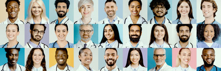 Diverse Group of Healthcare Professionals in a Vibrant Collage Showing Unity in Serviceの写真素材
