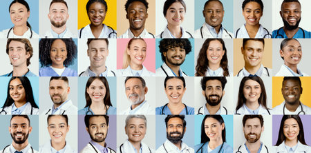 Diverse Group of Healthcare Professionals Smiling in a Colorful Collage Settingの写真素材