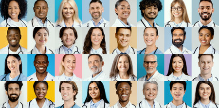 Diverse Group of Healthcare Professionals in a Vibrant Collage Celebrating Unity in Careの写真素材