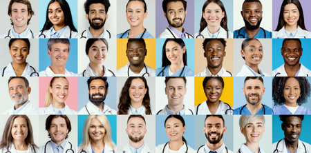 Diverse Group of Healthcare Professionals Smiling in a Vibrant Collageの写真素材