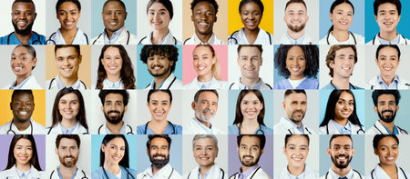 Collage of Diverse Healthcare Professionals Smiling Against Colorful Backgroundsの写真素材