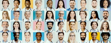 Diverse Group of Healthcare Professionals Smiling in a Colorful Collage Settingの写真素材