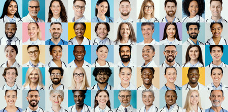 Diverse Group of Healthcare Professionals in a Vibrant Collage Celebrating Community and Unityの写真素材