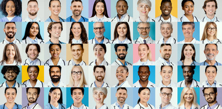 Collage of Diverse Medical Professionals Smiling in a Bright and Colorful Setの写真素材