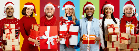 Cheerful People Celebrating New Year With Gifts on a Colorful Background