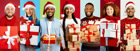 Colorful Collage of Joyful People Celebrating the New Year With Giftsの写真素材