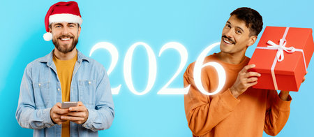 Friends Celebrating Holidays and Looking Forward to 2026 With Gifts and Smilesの写真素材