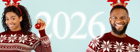 Holiday Collage Featuring Smiling Friends Celebrating New Year 2026 With Festive Attireの写真素材