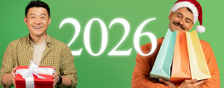 Collage of Happy People Celebrating With Gifts for the Upcoming Year 2026