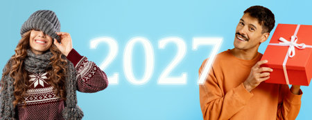 Collage of Cheerful People Celebrating New Year 2027 With Gifts and Festive Outfitsの写真素材