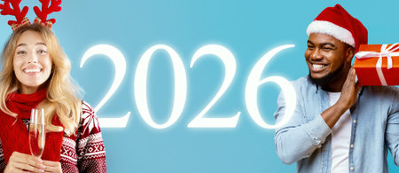 People Celebrating New Year 2026 With Festive Attire and Joyful Expressionsの写真素材