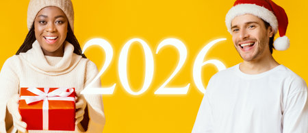 Collage of Cheerful People Celebrating 2026 With Gifts and Festive Attireの写真素材