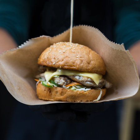 Street fast food festival, hamburger with bbq grilled steakの写真素材