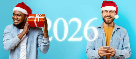 Friends Celebrating New Year 2026 With Gifts and Festive Spirit in Bright Colorsの写真素材