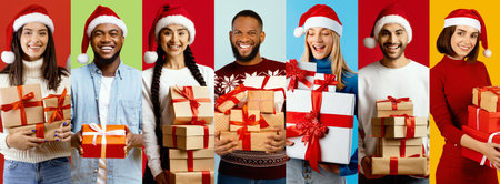 Collage of Cheerful Friends Celebrating New Year With Gifts and Festive Attire