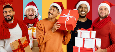 Collage of Friends Celebrating New Year With Gifts and Festive Attire in a Colorful Backgroundの写真素材