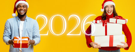 Excited People Celebrating the Holiday Season With Gifts Against a Bright Yellow Backgroundの写真素材