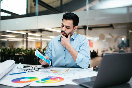 Man Analyzing Color Palettes While Working on Design Projects in a Modern Office Space During Daytimeの写真素材