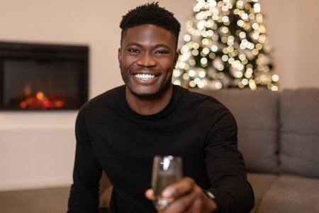 Celebrating Christmas at Home With Joy and Laughter While Holding a Glass of Wineの写真素材