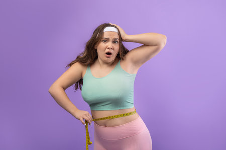 Surprised Young European Plus Size Woman Measures Waist With Tape on Purple Backgroundの写真素材
