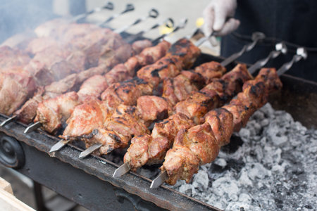 Street fast food festival, beef and pork kebabの写真素材