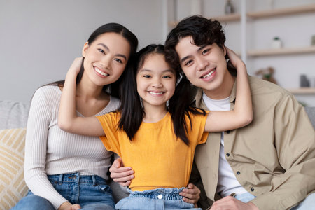 Family Enjoys Quality Time Together in a Cozy Indoor Setting While Smiling and Embracing One Anotherの写真素材