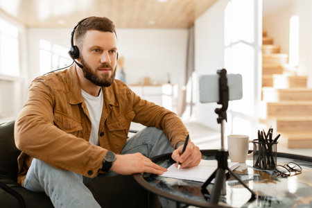 Man Studying at Home With Headphones and Notepad While Attending an Online Class or Meetingの写真素材