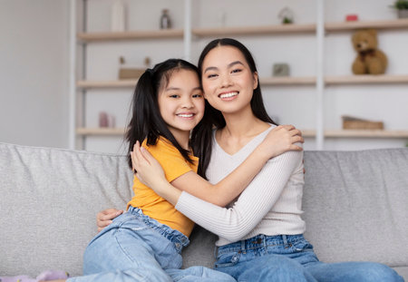 Mother and Daughter Enjoying a Cozy Moment at Home While Hugging and Smiling Together on a Comfortable Couchの写真素材