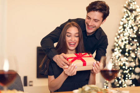 Couple Celebrating a Special Occasion With a Gift Exchange by a Beautifully Decorated Christmas Treeの写真素材