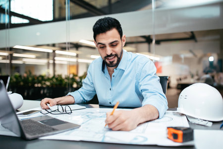 Engineer Working on Technical Plans in Modern Office Environment During Daytimeの写真素材