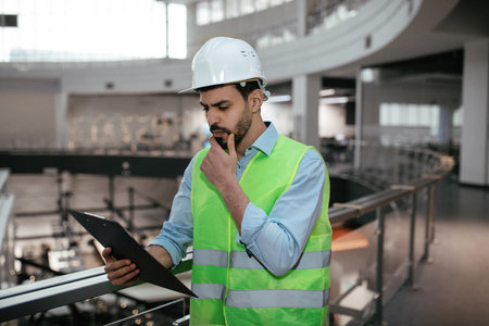 Worker in Safety Gear Reviewing Plans at a Construction Site During the Day