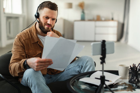 Man Engaged in a Video Call While Reviewing Important Documents at Home During the Dayの写真素材