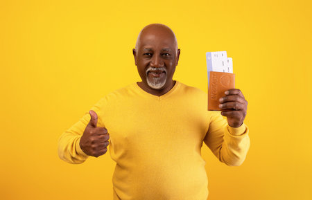 Elderly Man Ready for Overseas Trip With Passport and Tickets on Bright Orange Backgroundの写真素材