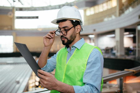Construction Worker Reviewing Plans in a Modern Industrial Setting During the Dayの写真素材