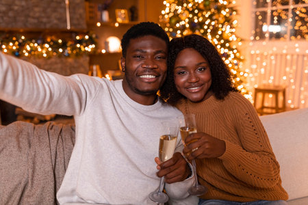 Happy Young Couple Celebrating Christmas With Champagne on Video Callの写真素材