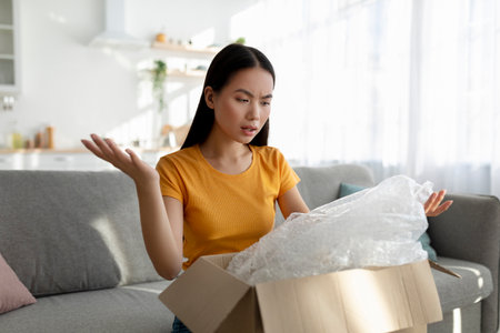 Unhappy Woman Unboxing Damaged Delivery While Sitting on Her Sofa at Homeの写真素材
