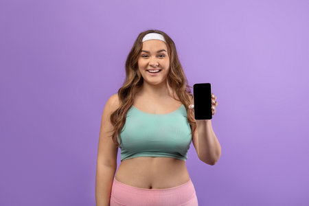 European Plus Size Woman Smiles While Promoting New Fitness Blog With Her Phoneの写真素材