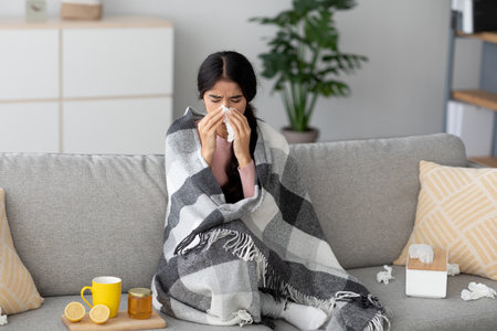 Millennial Hindu Lady Feeling Unwell Wrapped in Blanket While Sitting on Sofa at Homeの写真素材