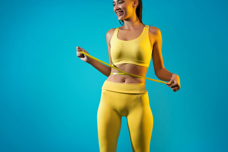 Woman Measuring Waist After Weight Loss in Yellow Sportswear Against Blue Backgroundの写真素材