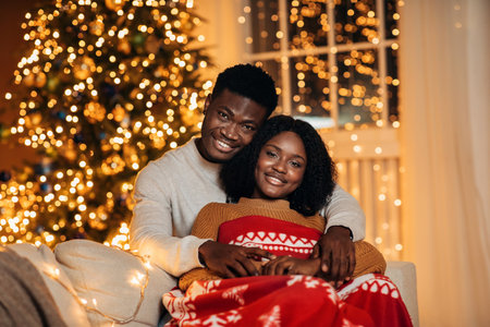 Cheerful Young Couple Enjoying Cozy Moments During New Year Celebrations at Homeの写真素材